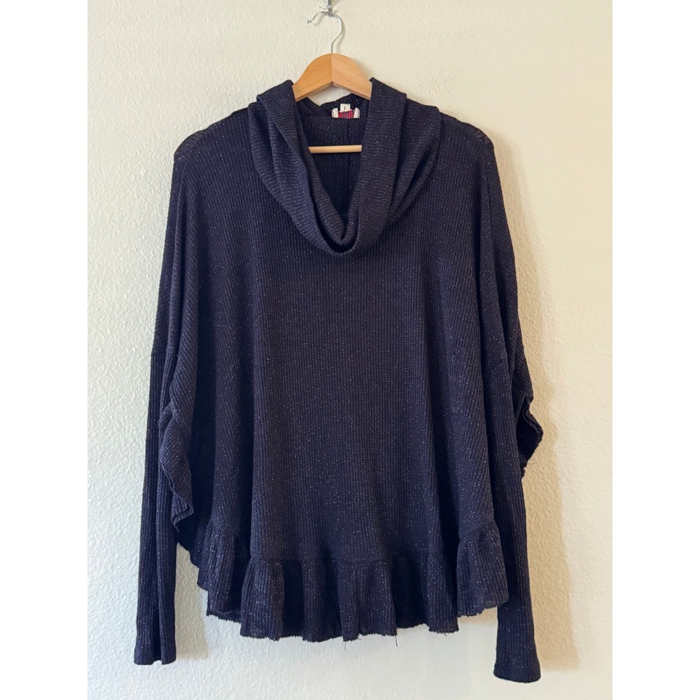 Anthropologie Postmark Shimmer Cowl Neck Ruffle Sweater L Navy Blue‎ Excellent